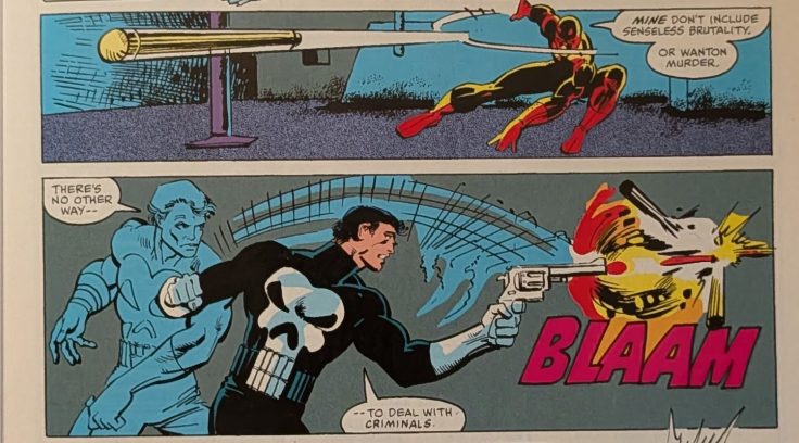 daredevil throws a baton and the punisher shots a gun
